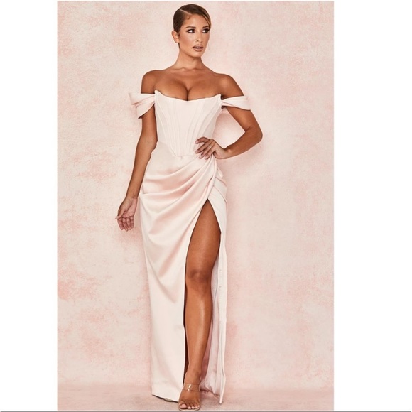 HOUSE OF CB 'Genevieve' Blush Satin Off Shoulder Gown NWOT - Picture 3 of 10